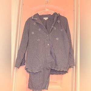 Vintage Miss Elaine Blue and White Gingham Pajama Set - Size Medium